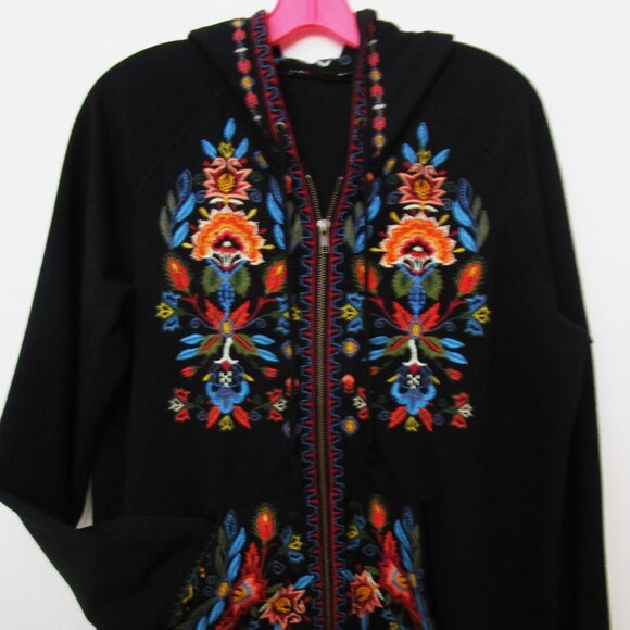 Black Hoodie Full Zip Embroidery Boho Kangaroo Pocket - Picture 2 of 12